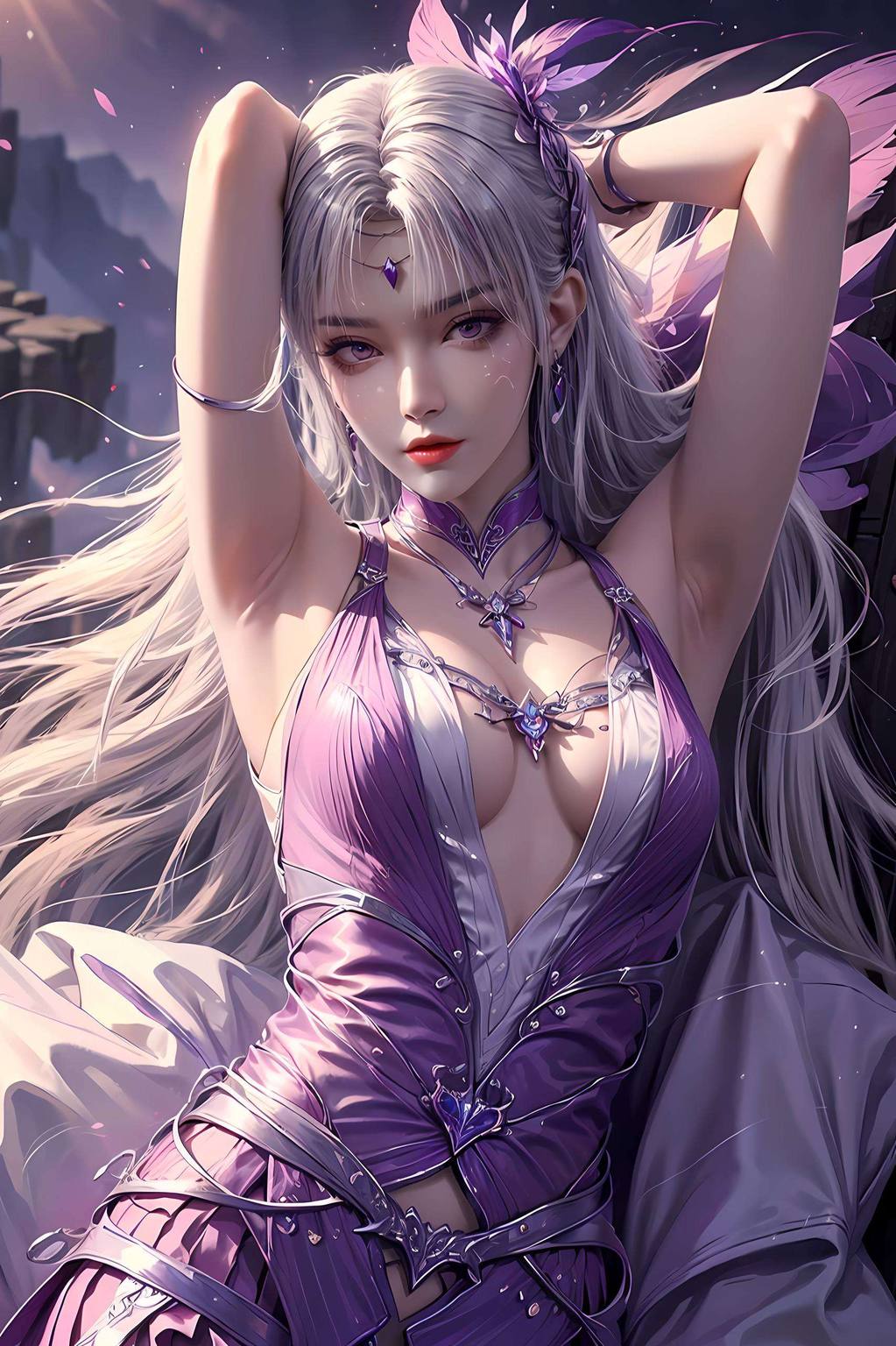 这款AI绘画人物动作参考图纹理苹果炫彩壁纸以小医仙白色吊带睡裙为主题